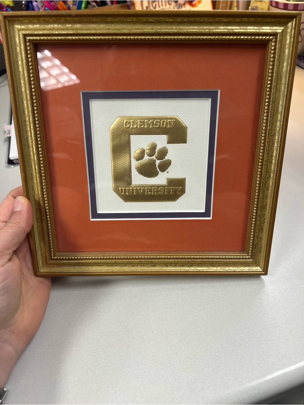 8” x 8” Vintage Clemson University Framed Gold Emblem Artwork